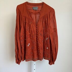 Anthropologie Blouse Top Small Embroidered‎ Sequin Boho Bohemian Button Up Rust